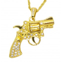 PLAYAZ Anhänger "Bling Revolver Gun XXL" Kristall vergoldet (Kette inklusive)