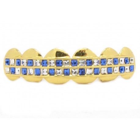 Bling Hip Hop Grillz "TOP SQUARE BLUE SPLIT GOLD" von PLAYAZ, Kristall, vergoldet