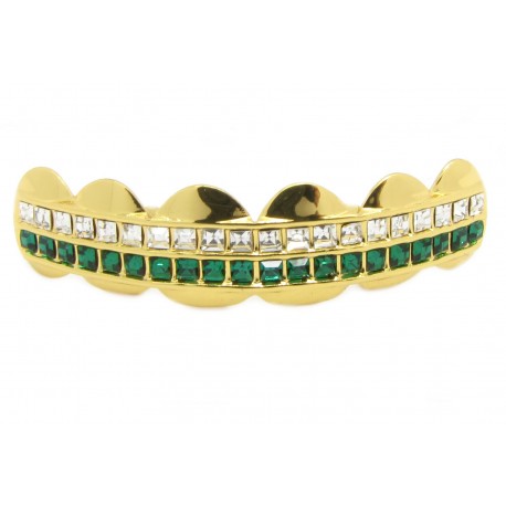 Bling Hip Hop Grillz "TOP SQUARE GREEN LINE GOLD" von PLAYAZ, Kristall, vergoldet