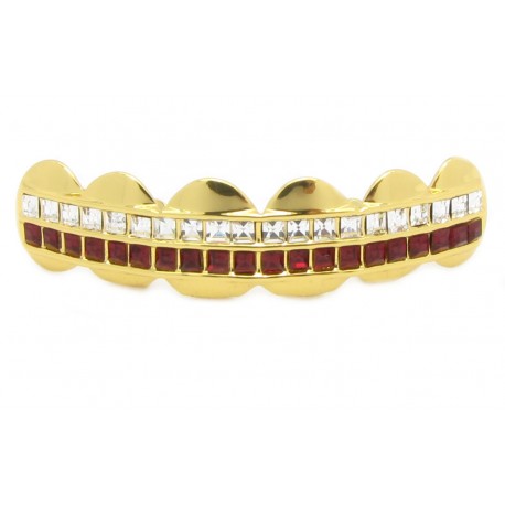 Bling Hip Hop Grillz "TOP SQUARE RED LINE GOLD" von PLAYAZ, Kristall, vergoldet