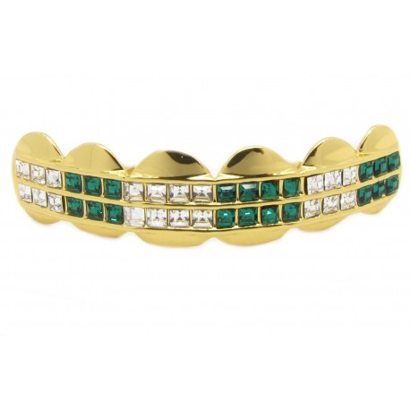 Bling Hip Hop Grillz "TOP SQUARE GREEN SPLIT GOLD" von PLAYAZ, Kristall, vergoldet