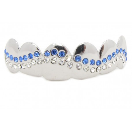 Bling Hip Hop Grillz "TOP WAVE BLUE CRYSTAL PLATINUM" von PLAYAZ, Kristall, rhodiniert